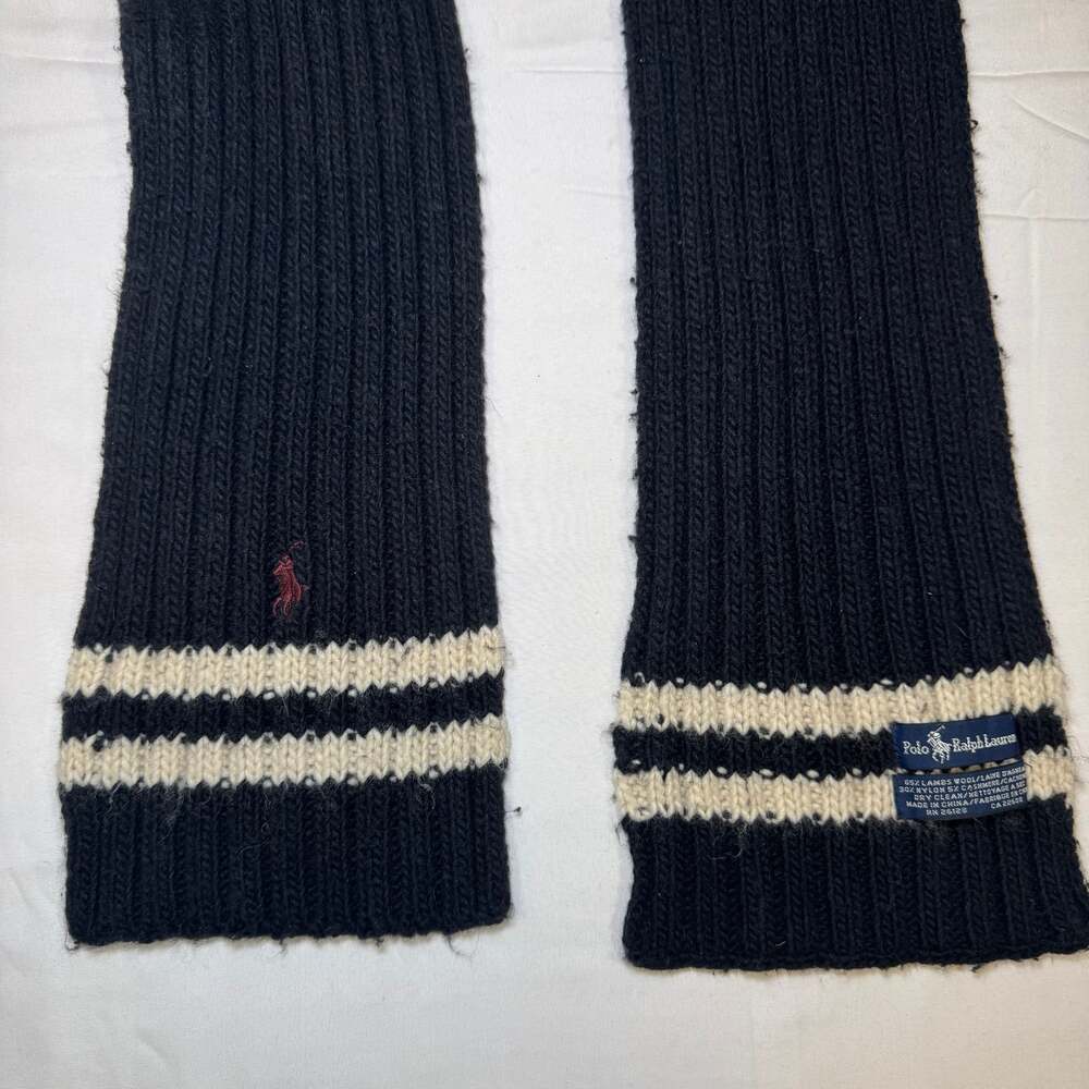 Polo Ralph Lauren Black Ribbed Knit Lambswool Cashmere Scarf Burgundy Pony Logo
